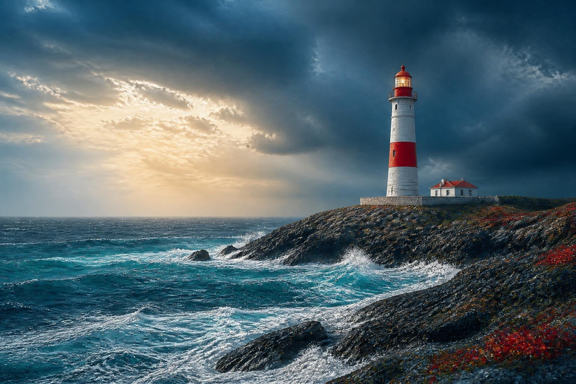 Red-and-white lighthouse above stormy coastal waves
